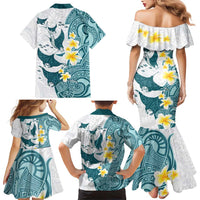 Maori Manta Ray Plumeria Teal Family Matching Mermaid Dress and Hawaiian Shirt