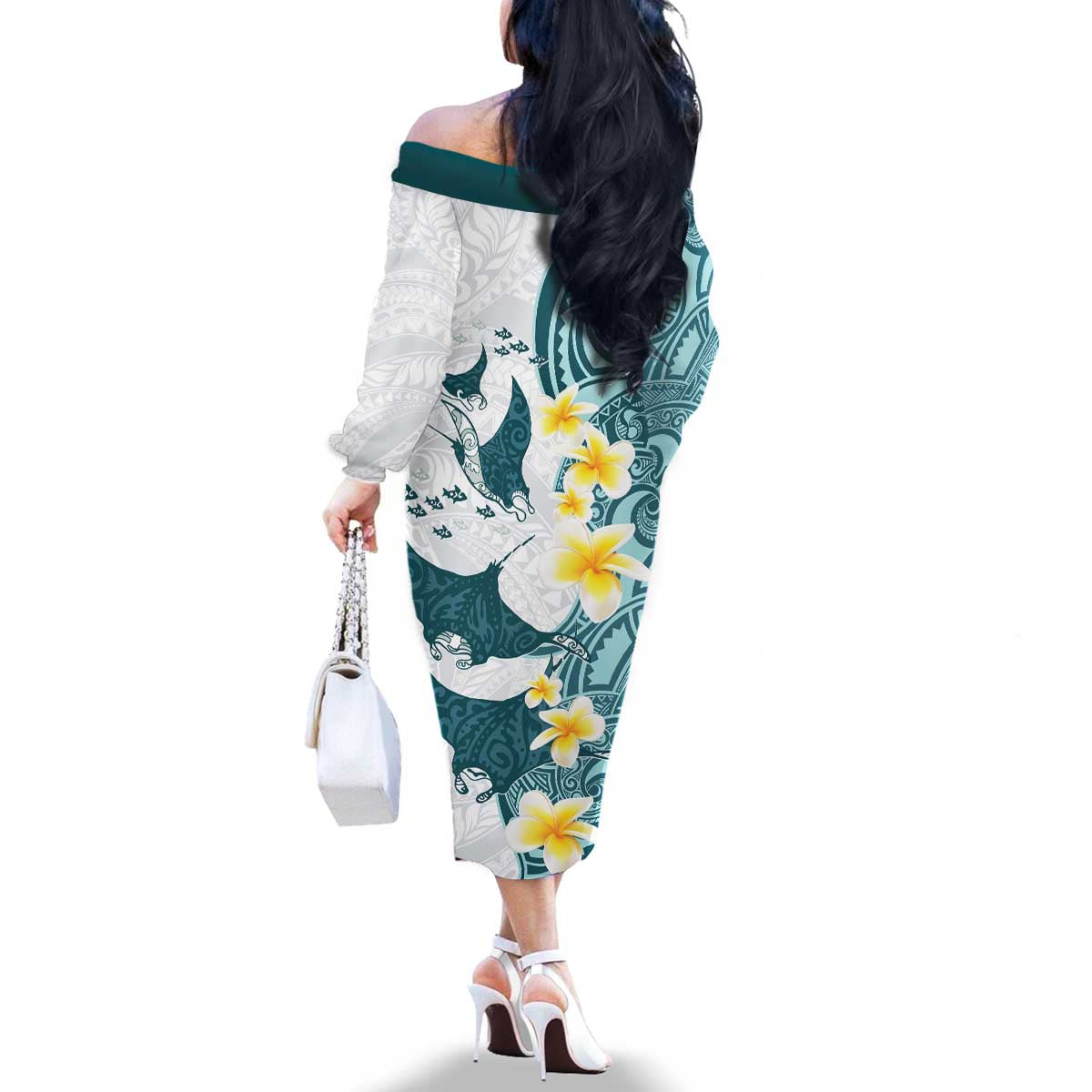 Maori Manta Ray Plumeria Teal Family Matching Off The Shoulder Long Sleeve Dress and Hawaiian Shirt