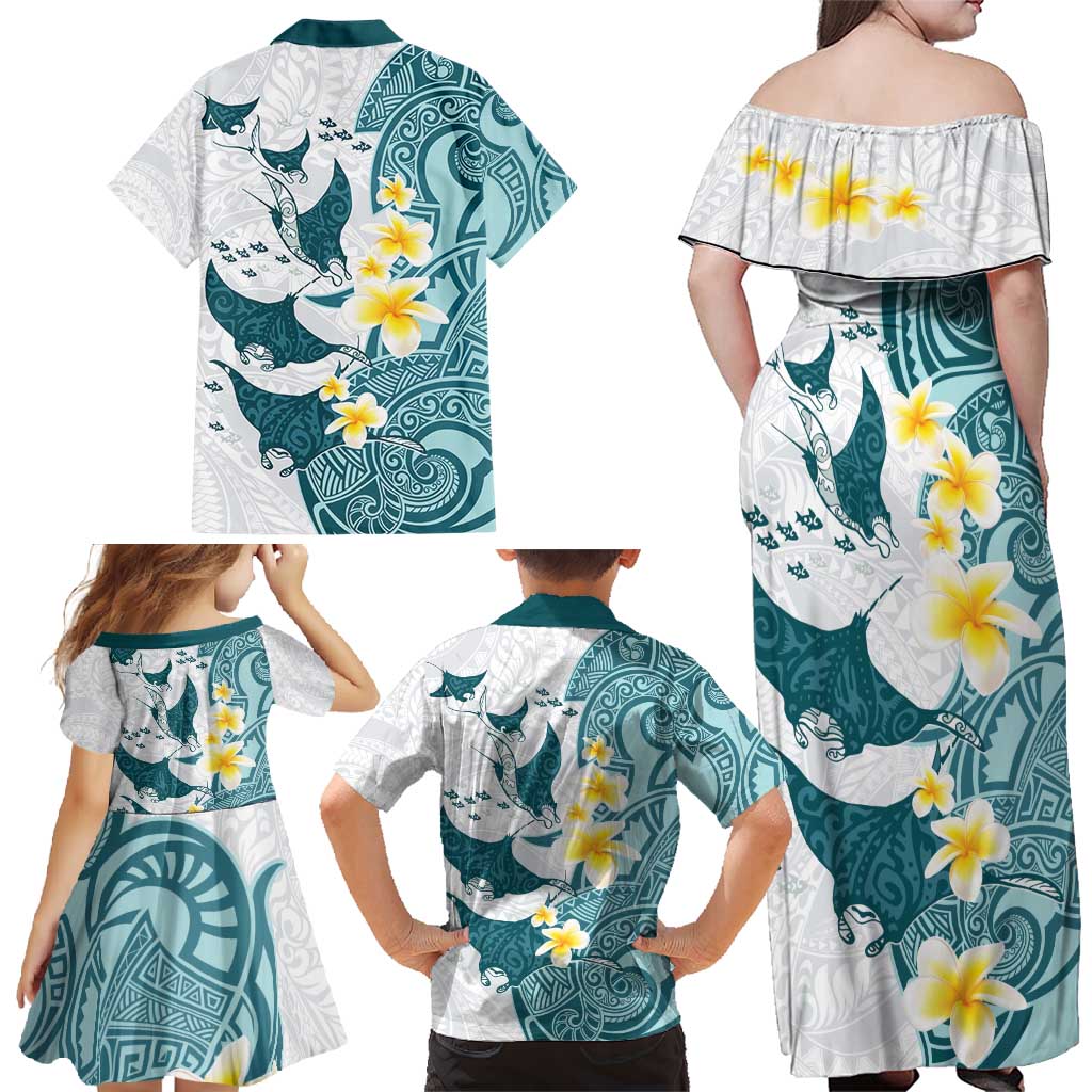 Maori Manta Ray Plumeria Teal Family Matching Off Shoulder Maxi Dress and Hawaiian Shirt LT01 - Polynesian Pride