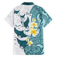 Maori Manta Ray Plumeria Teal Family Matching Off Shoulder Maxi Dress and Hawaiian Shirt LT01 - Polynesian Pride