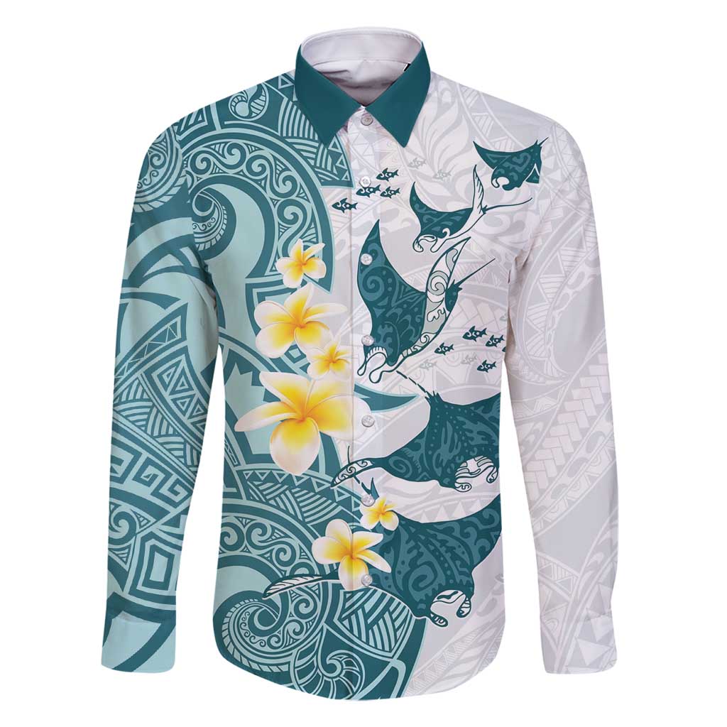 Maori Manta Ray Plumeria Teal Family Matching Off Shoulder Maxi Dress and Hawaiian Shirt LT01 Dad's Shirt - Long Sleeve Teal - Polynesian Pride