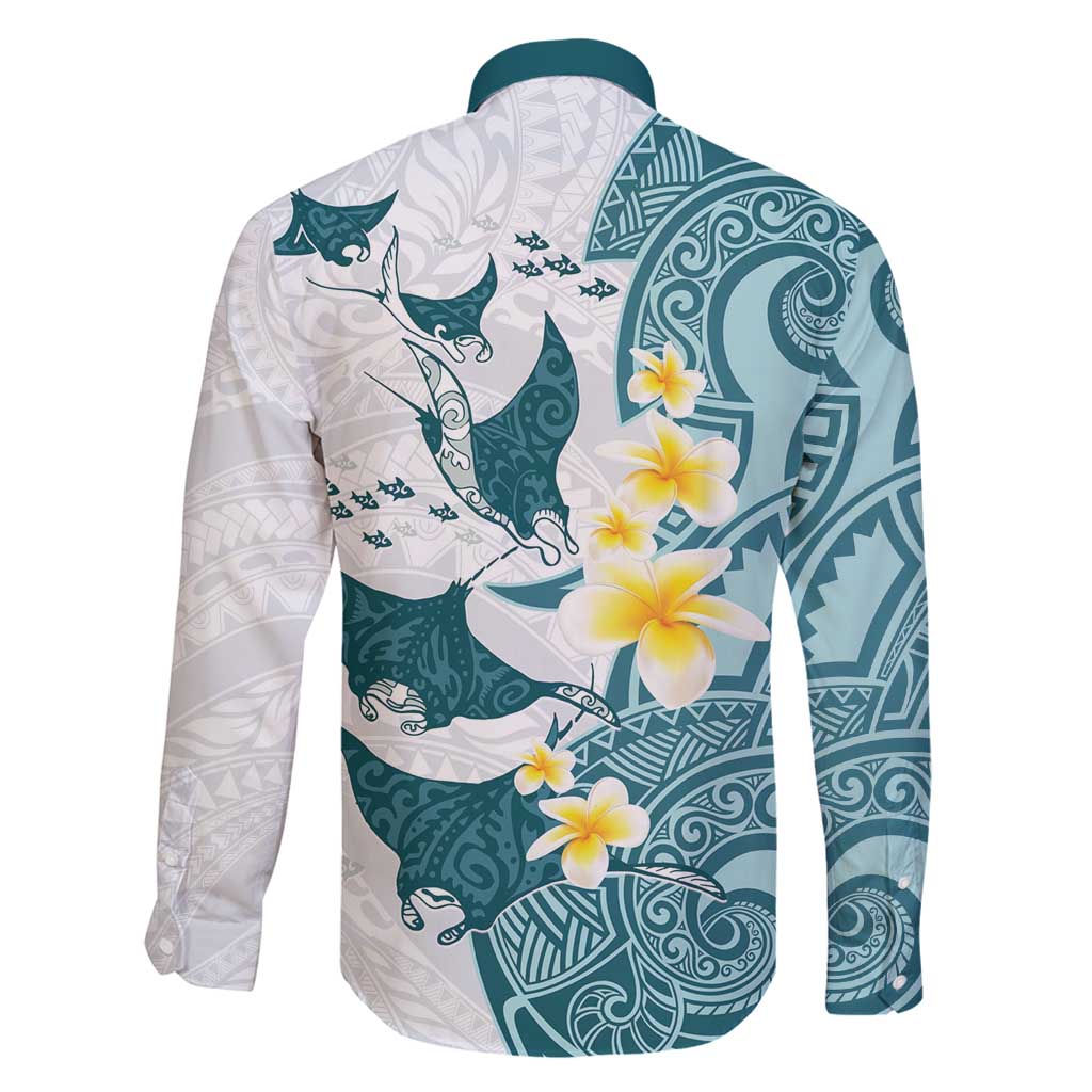 Maori Manta Ray Plumeria Teal Family Matching Off Shoulder Maxi Dress and Hawaiian Shirt LT01 - Polynesian Pride