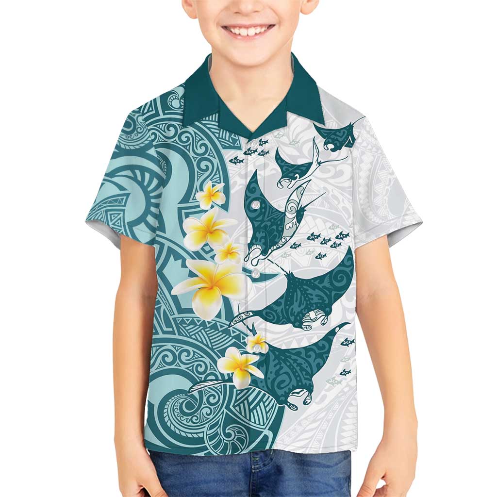 Maori Manta Ray Plumeria Teal Family Matching Off Shoulder Maxi Dress and Hawaiian Shirt LT01 Son's Shirt Teal - Polynesian Pride