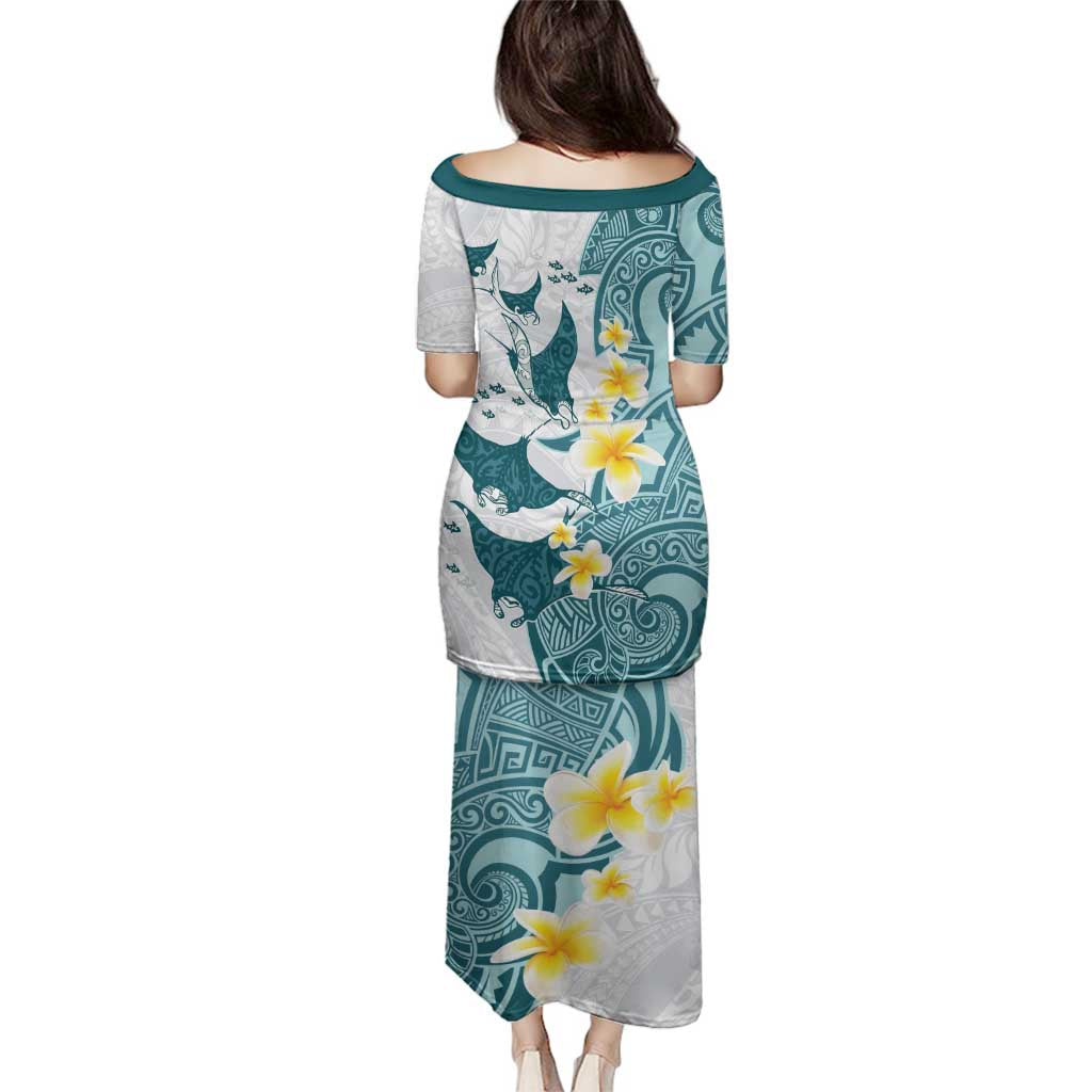 Maori Manta Ray Plumeria Teal Family Matching Puletasi and Hawaiian Shirt