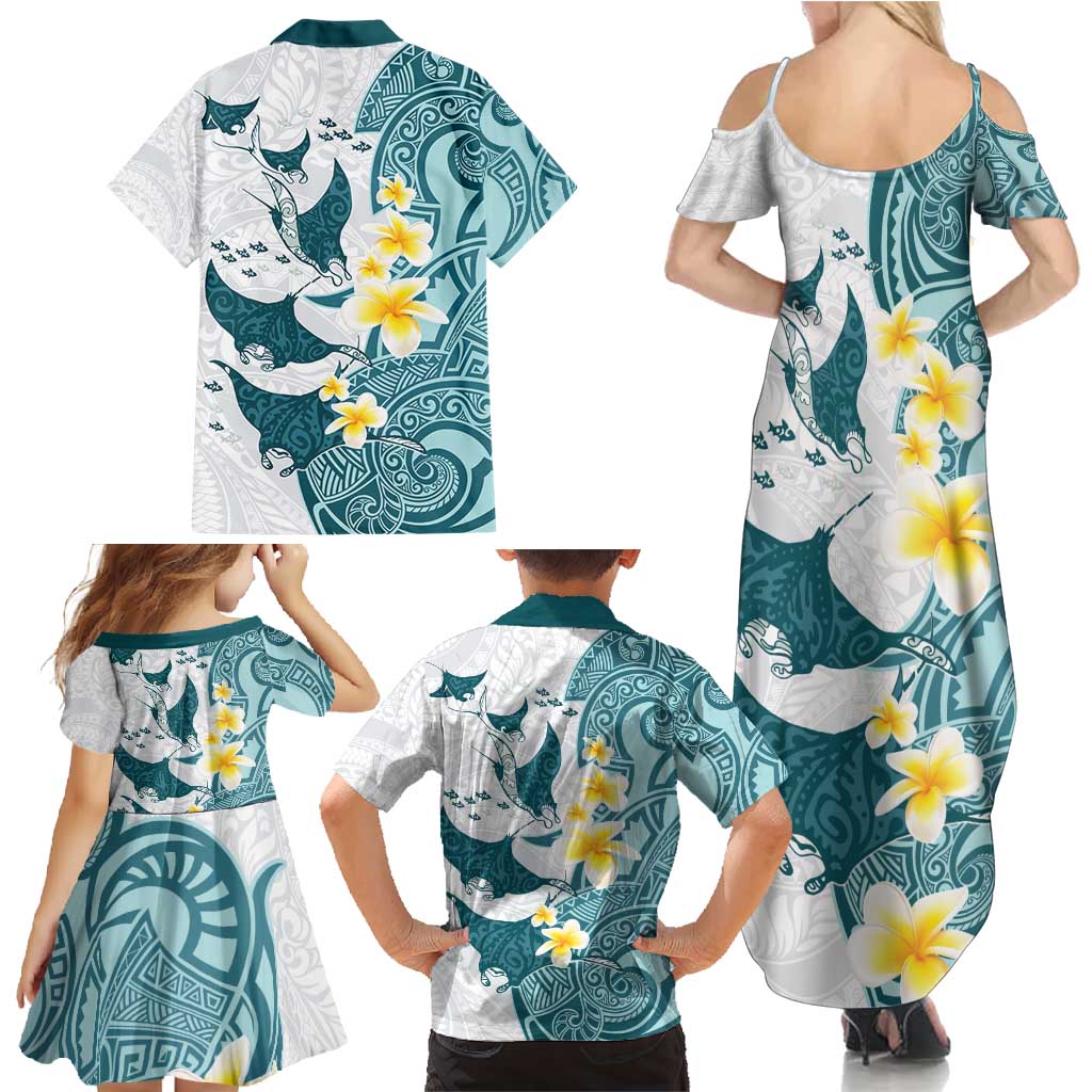 Maori Manta Ray Plumeria Teal Family Matching Summer Maxi Dress and Hawaiian Shirt LT01 - Polynesian Pride