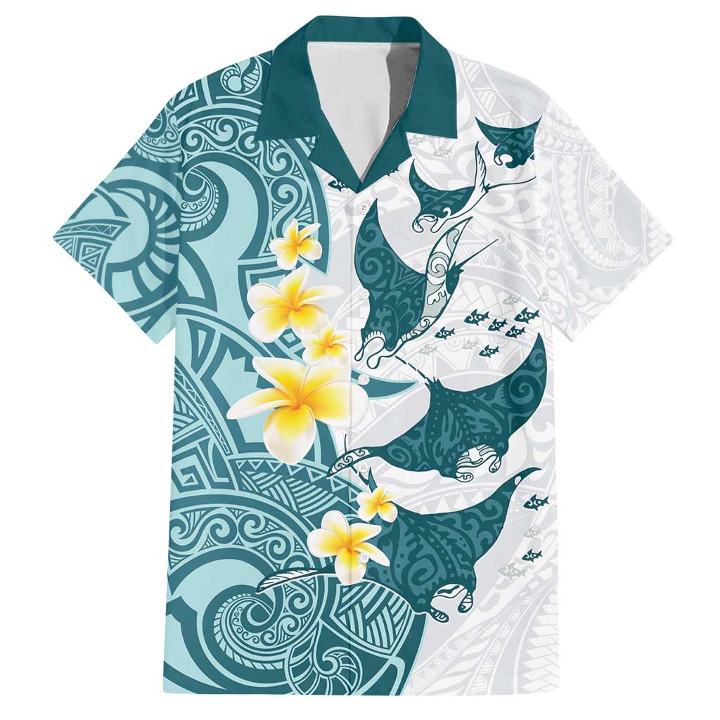 Maori Manta Ray Plumeria Teal Family Matching Summer Maxi Dress and Hawaiian Shirt LT01 Dad's Shirt - Short Sleeve Teal - Polynesian Pride