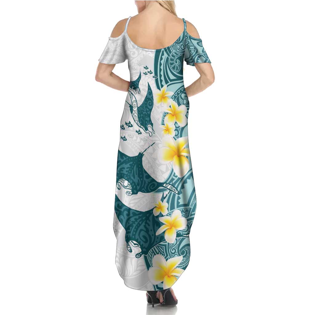 Maori Manta Ray Plumeria Teal Family Matching Summer Maxi Dress and Hawaiian Shirt LT01 - Polynesian Pride
