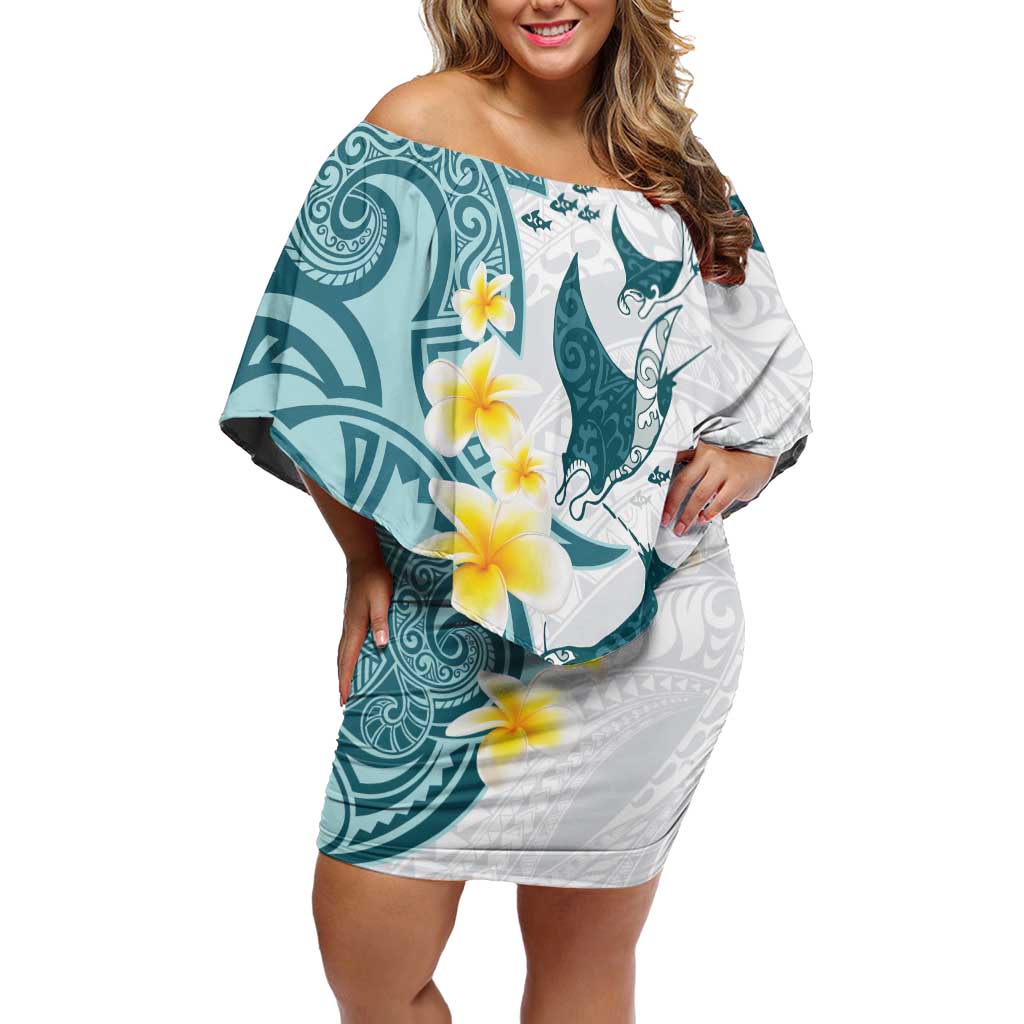 Maori Manta Ray Plumeria Teal Off Shoulder Short Dress