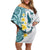 Maori Manta Ray Plumeria Teal Off Shoulder Short Dress