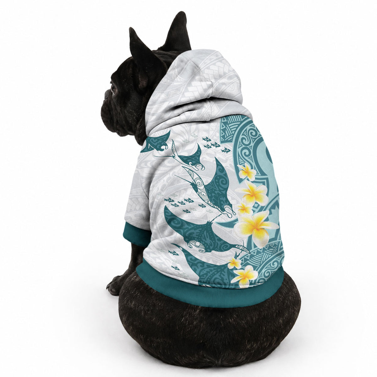 Maori Manta Ray Plumeria Teal Pet Hoodie LT01 - Polynesian Pride