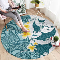 Maori Manta Ray Plumeria Teal Round Carpet