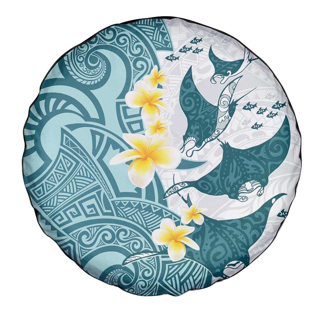 Maori Manta Ray Plumeria Teal Spare Tire Cover