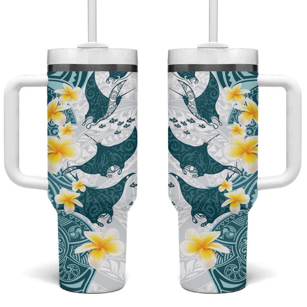 Maori Manta Ray Plumeria Teal Tumbler With Handle