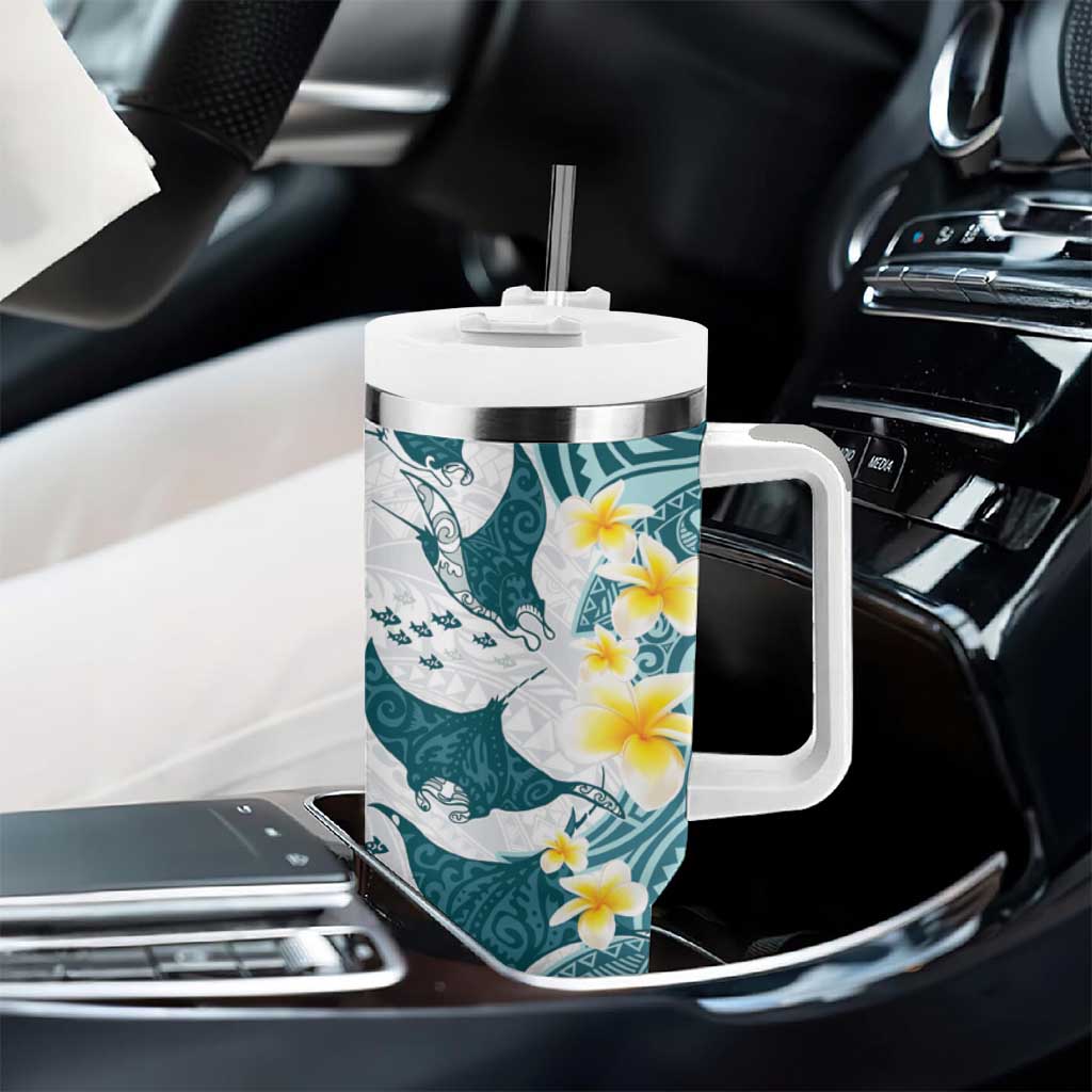 Maori Manta Ray Plumeria Teal Tumbler With Handle