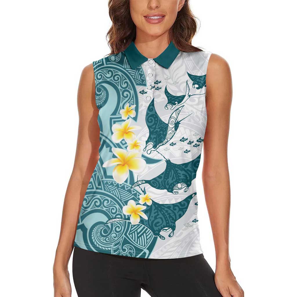 Maori Manta Ray Plumeria Teal Women Sleeveless Polo Shirt