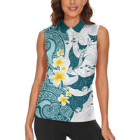Maori Manta Ray Plumeria Teal Women Sleeveless Polo Shirt