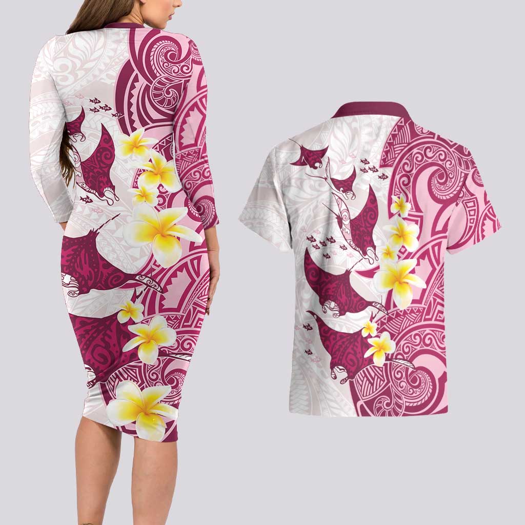 Maori Manta Ray Plumeria Royal Pink Couples Matching Long Sleeve Bodycon Dress and Hawaiian Shirt