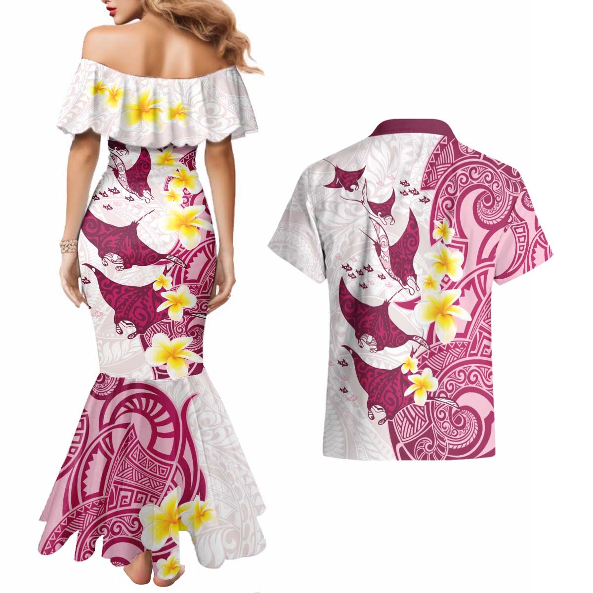 Maori Manta Ray Plumeria Royal Pink Couples Matching Mermaid Dress and Hawaiian Shirt LT01 - Polynesian Pride