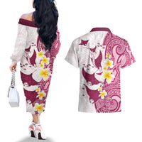 Maori Manta Ray Plumeria Royal Pink Couples Matching Off The Shoulder Long Sleeve Dress and Hawaiian Shirt LT01 - Polynesian Pride