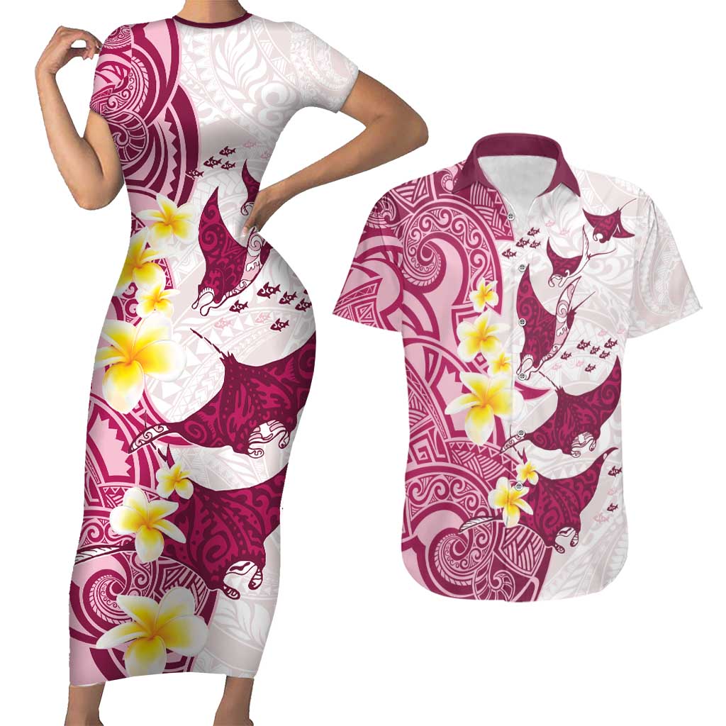 Maori Manta Ray Plumeria Royal Pink Couples Matching Short Sleeve Bodycon Dress and Hawaiian Shirt