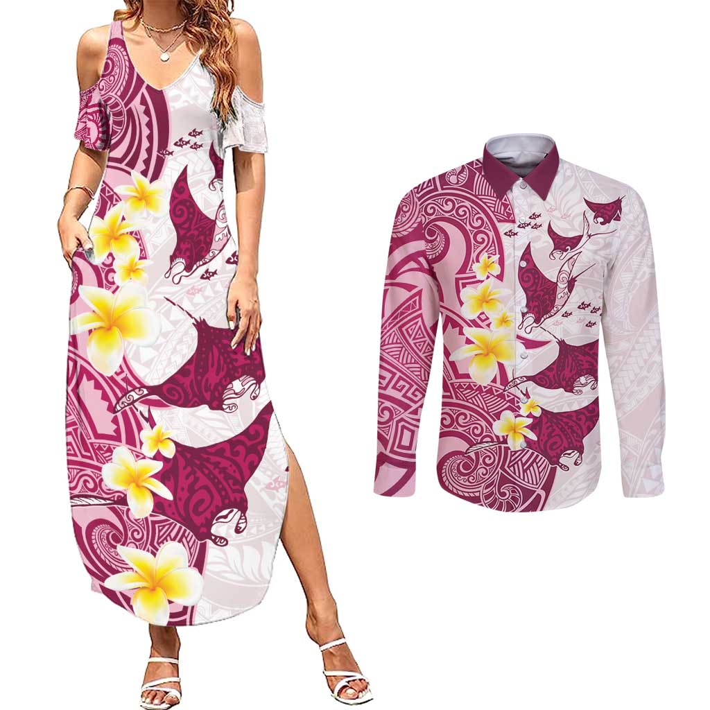 Maori Manta Ray Plumeria Royal Pink Couples Matching Summer Maxi Dress and Long Sleeve Button Shirt