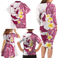 Maori Manta Ray Plumeria Royal Pink Family Matching Long Sleeve Bodycon Dress and Hawaiian Shirt LT01 - Polynesian Pride