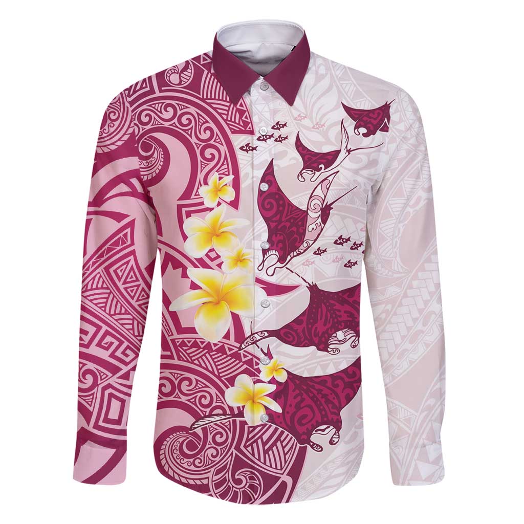 Maori Manta Ray Plumeria Royal Pink Family Matching Long Sleeve Bodycon Dress and Hawaiian Shirt LT01 Dad's Shirt - Long Sleeve Pink - Polynesian Pride