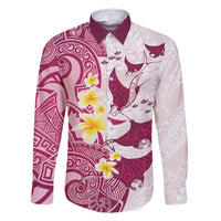 Maori Manta Ray Plumeria Royal Pink Family Matching Long Sleeve Bodycon Dress and Hawaiian Shirt LT01 Dad's Shirt - Long Sleeve Pink - Polynesian Pride