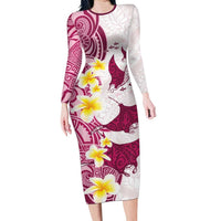 Maori Manta Ray Plumeria Royal Pink Family Matching Long Sleeve Bodycon Dress and Hawaiian Shirt LT01 Mom's Dress Pink - Polynesian Pride