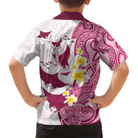 Maori Manta Ray Plumeria Royal Pink Family Matching Off Shoulder Maxi Dress and Hawaiian Shirt LT01 - Polynesian Pride