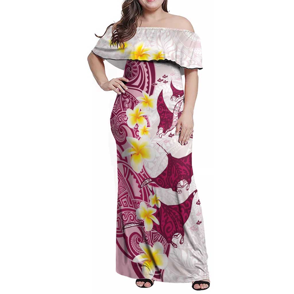Maori Manta Ray Plumeria Royal Pink Family Matching Off Shoulder Maxi Dress and Hawaiian Shirt LT01 Mom's Dress Pink - Polynesian Pride