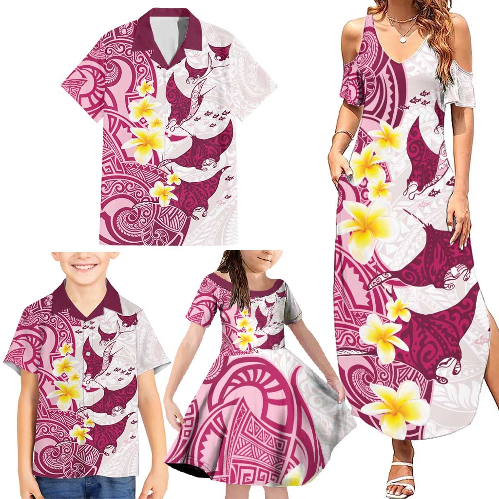 Maori Manta Ray Plumeria Royal Pink Family Matching Summer Maxi Dress and Hawaiian Shirt LT01 - Polynesian Pride
