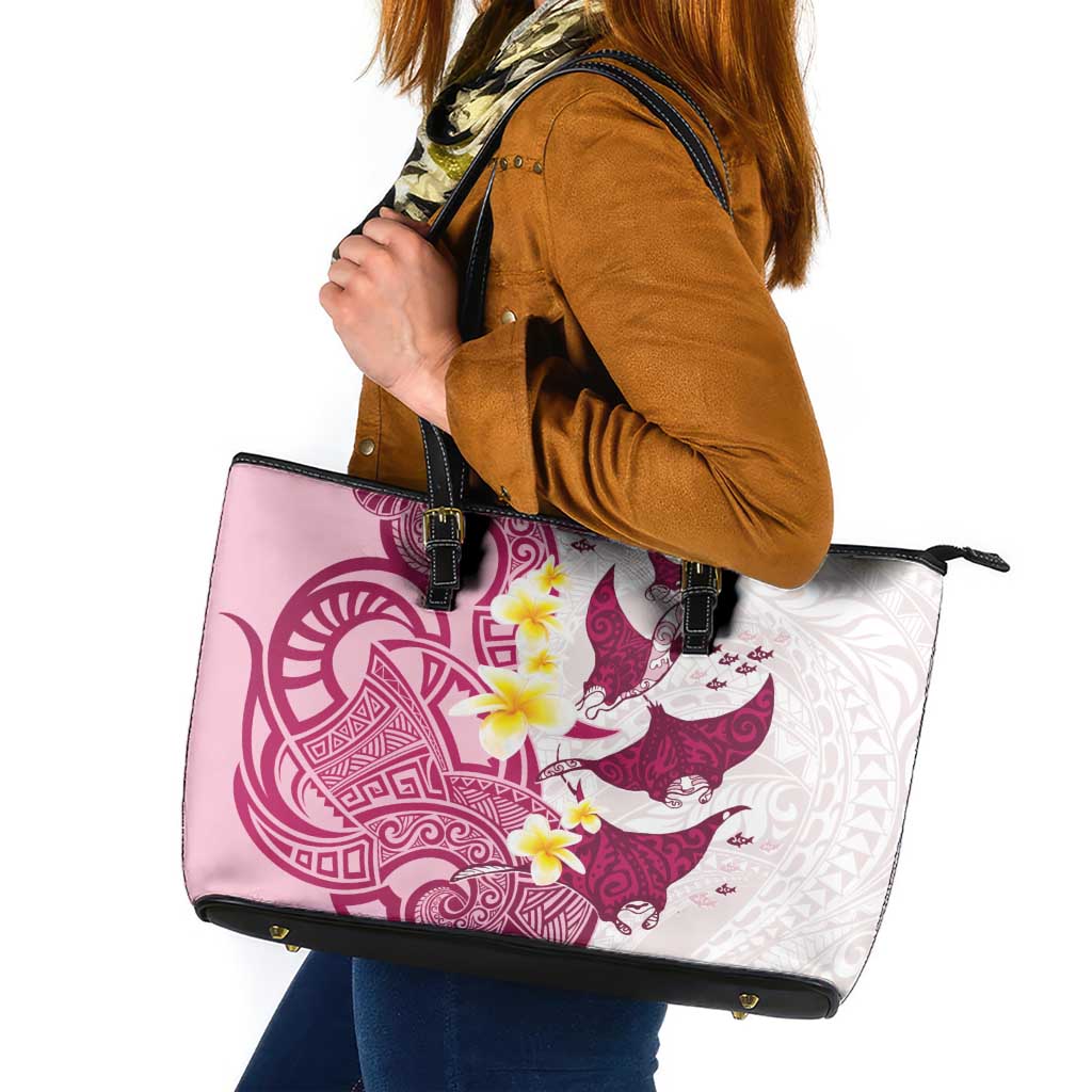 Maori Manta Ray Plumeria Royal Pink Leather Tote Bag