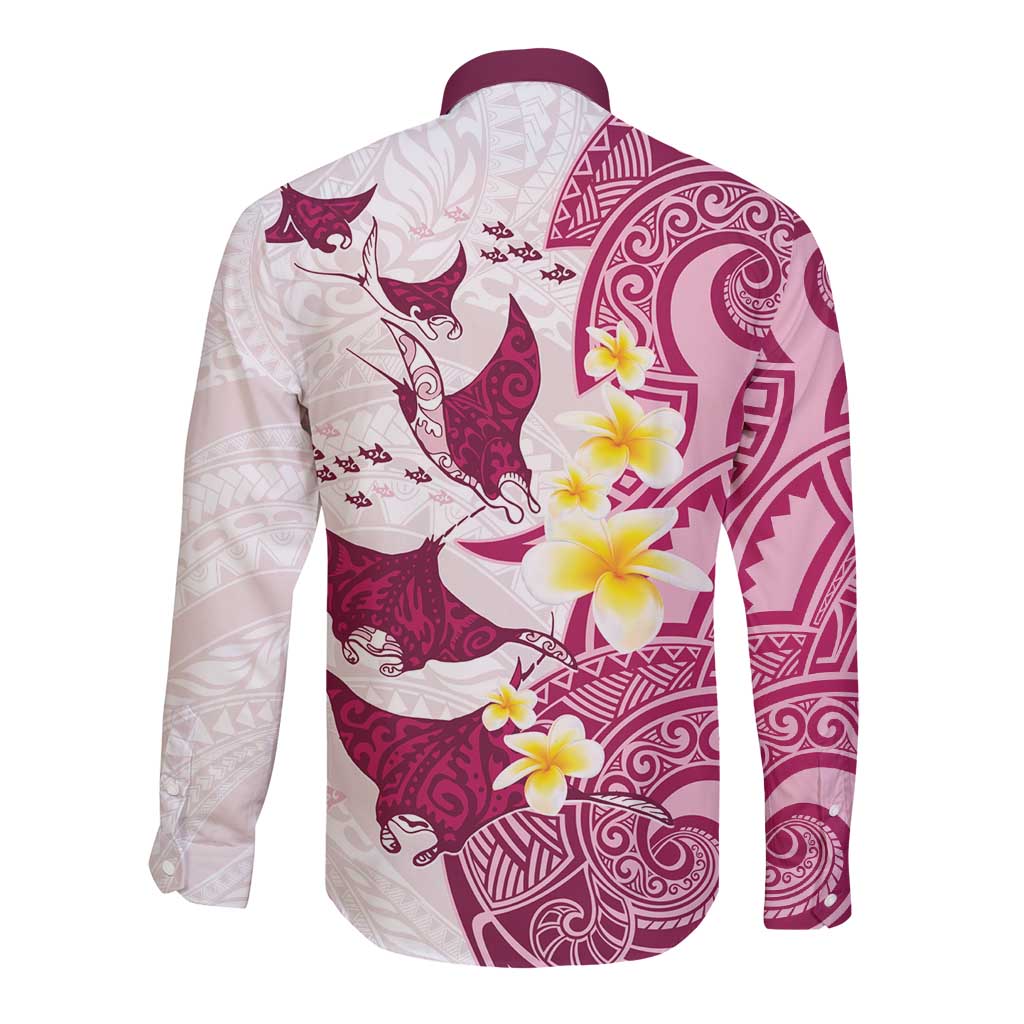 Maori Manta Ray Plumeria Royal Pink Long Sleeve Button Shirt