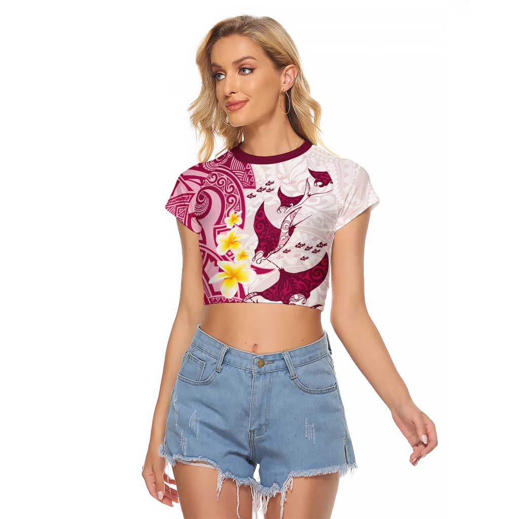 Maori Manta Ray Plumeria Royal Pink Raglan Cropped T Shirt LT01 Female Pink - Polynesian Pride