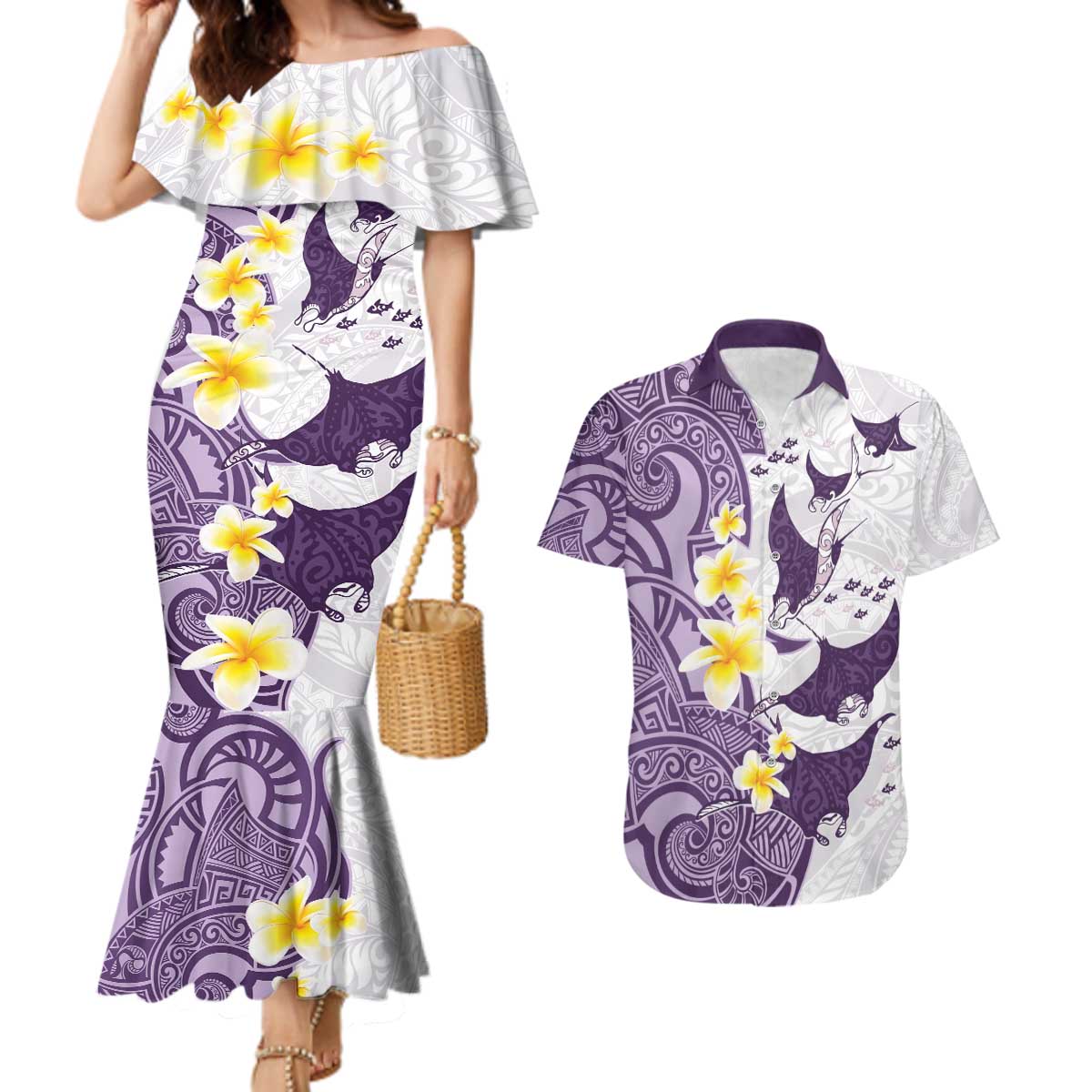 Maori Manta Ray Plumeria Deep Purple Couples Matching Mermaid Dress and Hawaiian Shirt