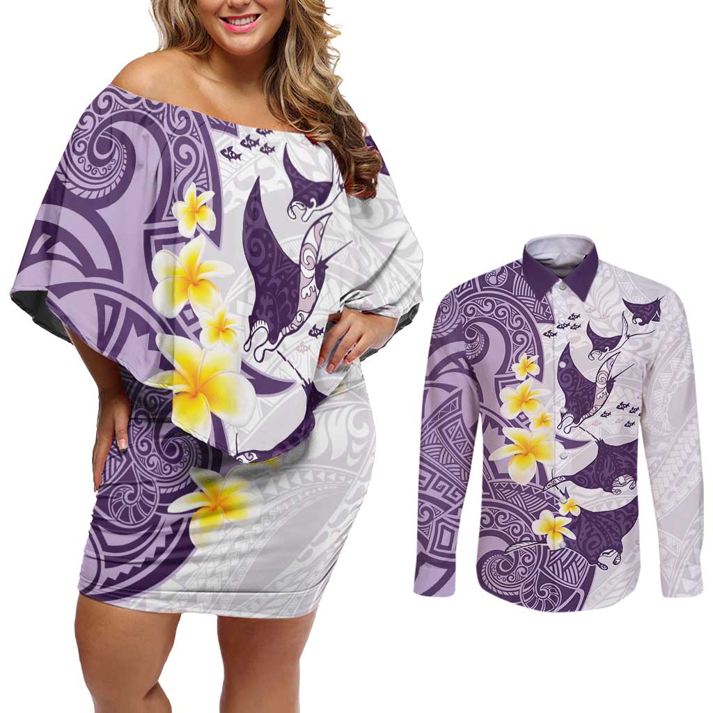Maori Manta Ray Plumeria Deep Purple Couples Matching Off Shoulder Short Dress and Long Sleeve Button Shirt LT01 Purple - Polynesian Pride