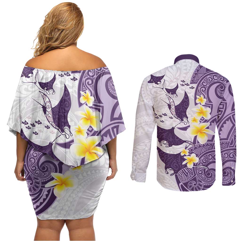 Maori Manta Ray Plumeria Deep Purple Couples Matching Off Shoulder Short Dress and Long Sleeve Button Shirt LT01 - Polynesian Pride