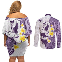 Maori Manta Ray Plumeria Deep Purple Couples Matching Off Shoulder Short Dress and Long Sleeve Button Shirt LT01 - Polynesian Pride