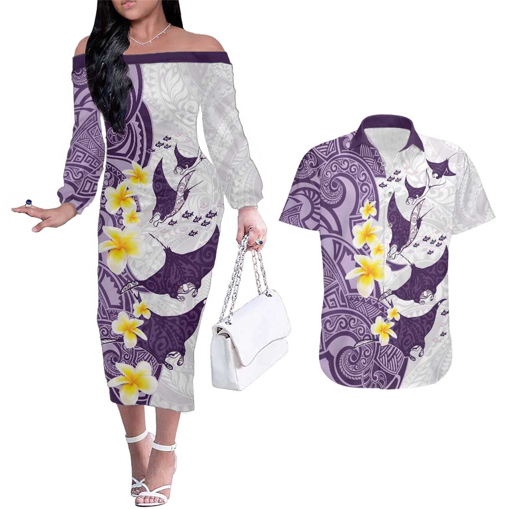 Maori Manta Ray Plumeria Deep Purple Couples Matching Off The Shoulder Long Sleeve Dress and Hawaiian Shirt LT01 Purple - Polynesian Pride