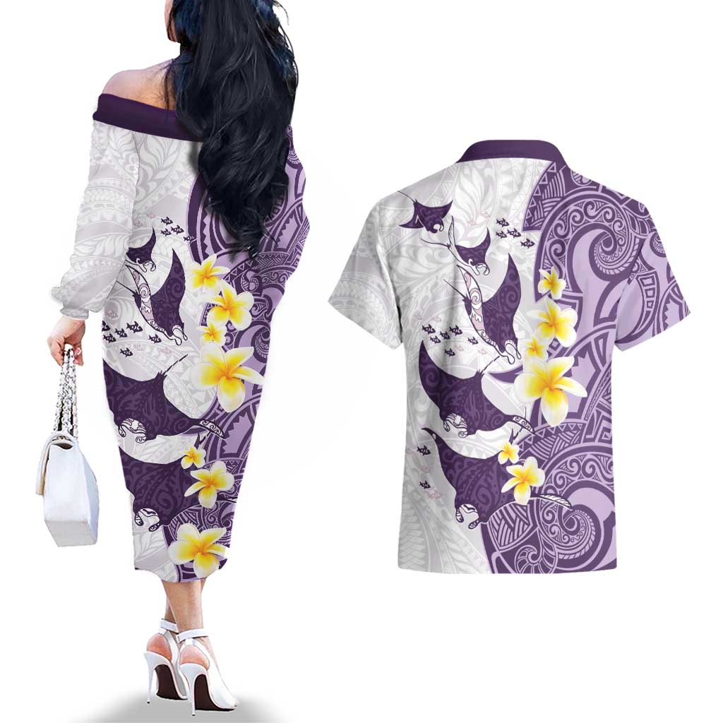 Maori Manta Ray Plumeria Deep Purple Couples Matching Off The Shoulder Long Sleeve Dress and Hawaiian Shirt LT01 - Polynesian Pride