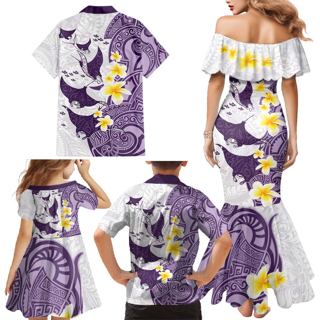 Maori Manta Ray Plumeria Deep Purple Family Matching Mermaid Dress and Hawaiian Shirt