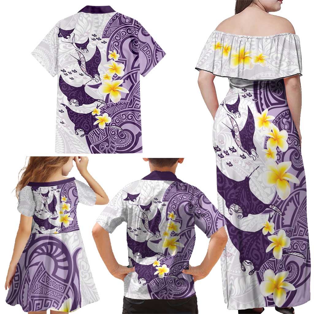 Maori Manta Ray Plumeria Deep Purple Family Matching Off Shoulder Maxi Dress and Hawaiian Shirt LT01 - Polynesian Pride