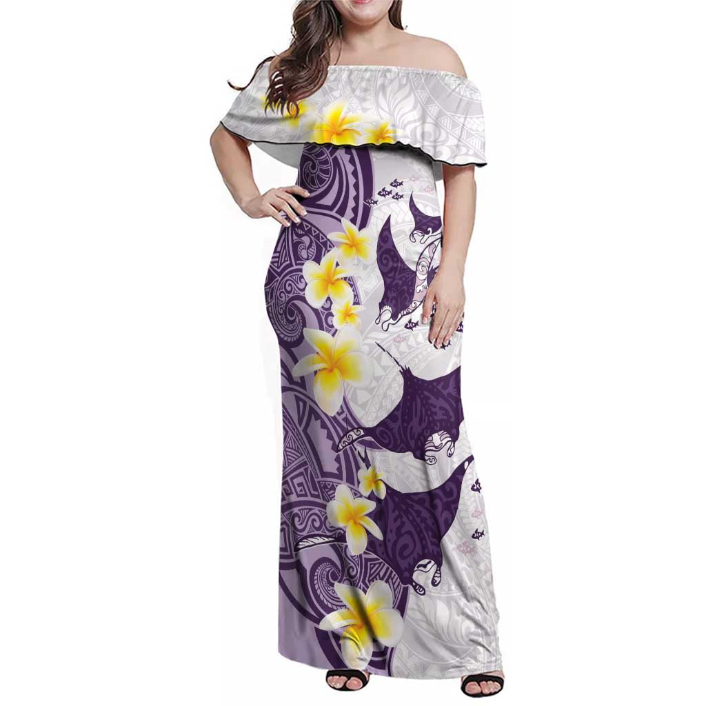 Maori Manta Ray Plumeria Deep Purple Family Matching Off Shoulder Maxi Dress and Hawaiian Shirt LT01 Mom's Dress Purple - Polynesian Pride
