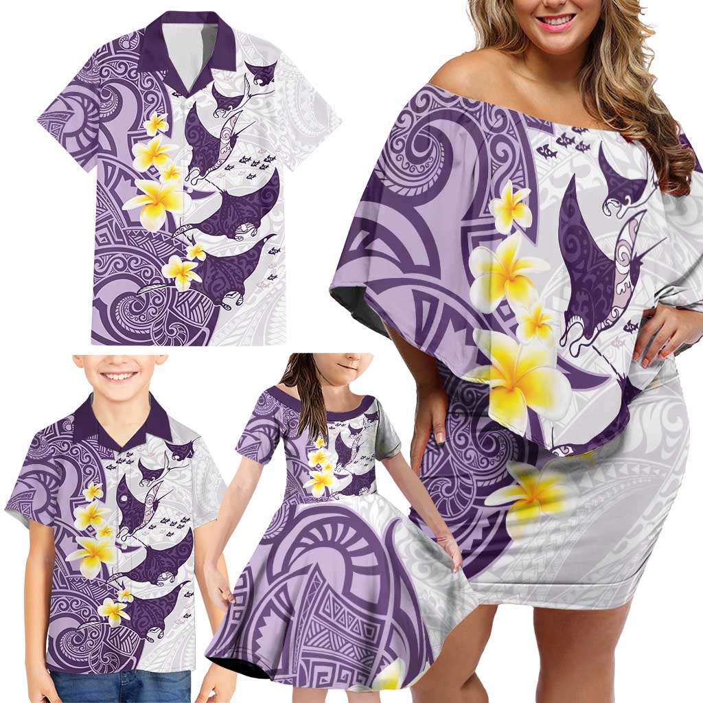 Maori Manta Ray Plumeria Deep Purple Family Matching Off Shoulder Short Dress and Hawaiian Shirt