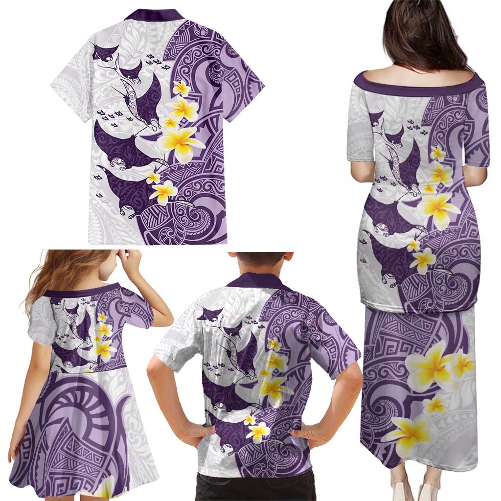 Maori Manta Ray Plumeria Deep Purple Family Matching Puletasi and Hawaiian Shirt
