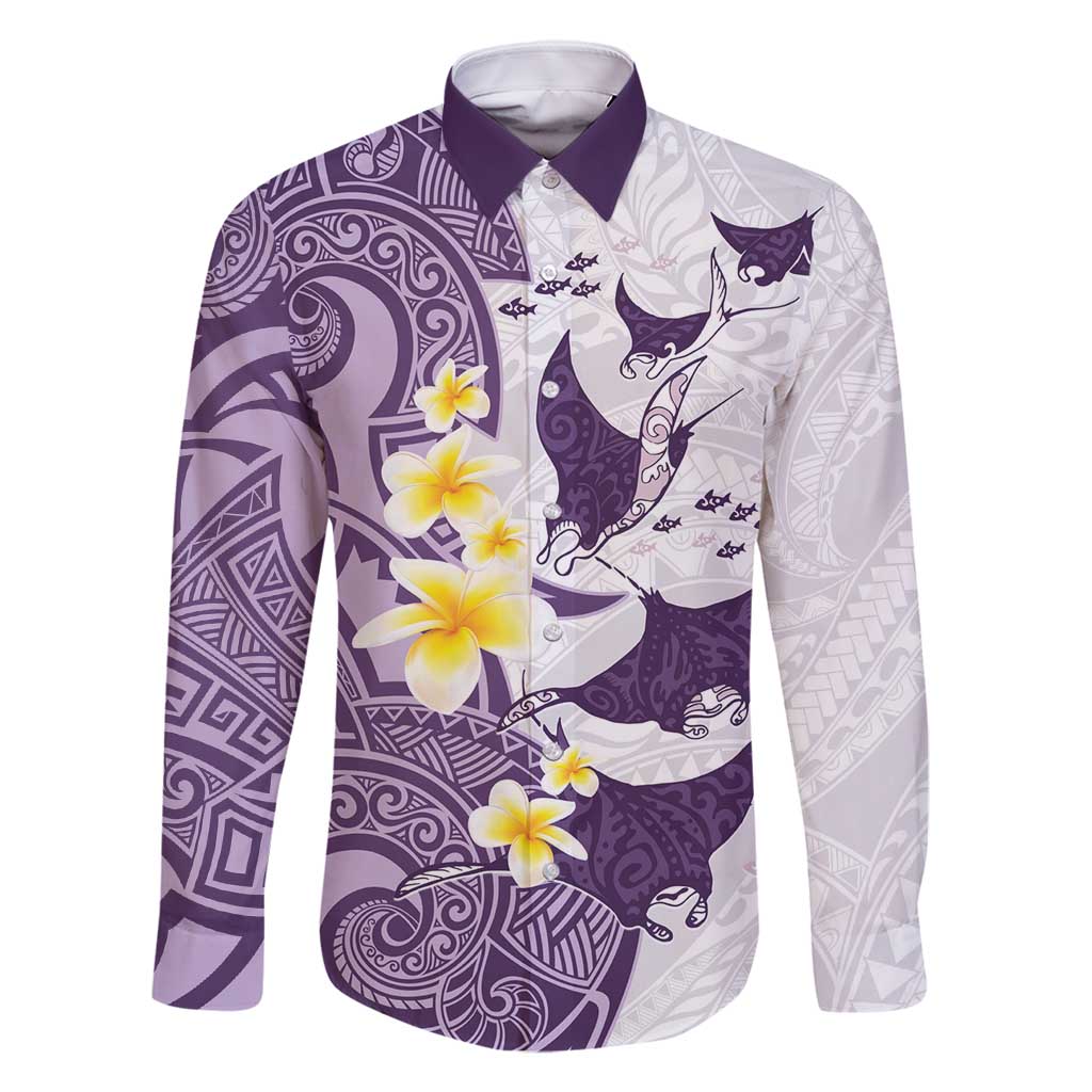 Maori Manta Ray Plumeria Deep Purple Family Matching Summer Maxi Dress and Hawaiian Shirt LT01 Dad's Shirt - Long Sleeve Purple - Polynesian Pride