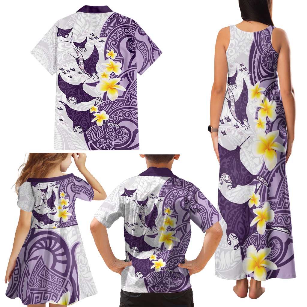 Maori Manta Ray Plumeria Deep Purple Family Matching Tank Maxi Dress and Hawaiian Shirt