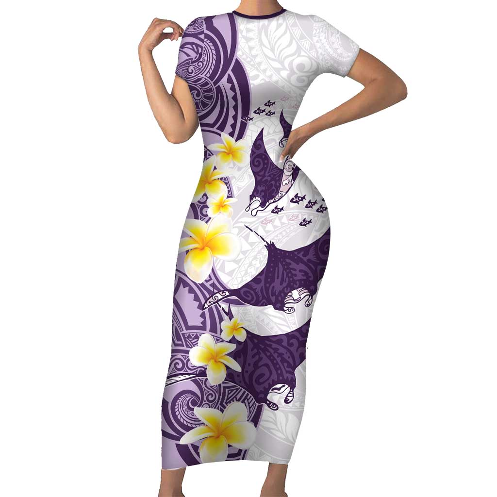 Maori Manta Ray Plumeria Deep Purple Short Sleeve Bodycon Dress