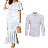 Plumeria Floral White Sunday Couples Matching Mermaid Dress and Long Sleeve Button Shirt LT01 White - Polynesian Pride